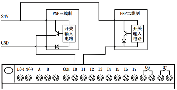輸入為PNP的簡(jiǎn)易PLC中文一體機(jī)接線 輸入為PNP的簡(jiǎn)易PLC中文一體機(jī)接線